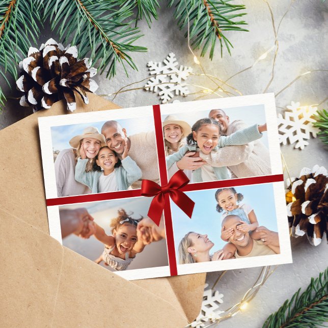 CHRISTMAS MULTI PHOTO modern gift red ribbon bow Holiday Card (Creator Uploaded)