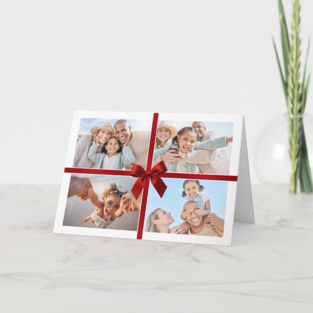 CHRISTMAS MULTI PHOTO modern gift red ribbon bow Thank You Card (Front)