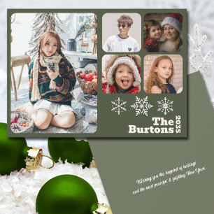 Christmas Multi Photo Snowflake Sage Green Holiday Card