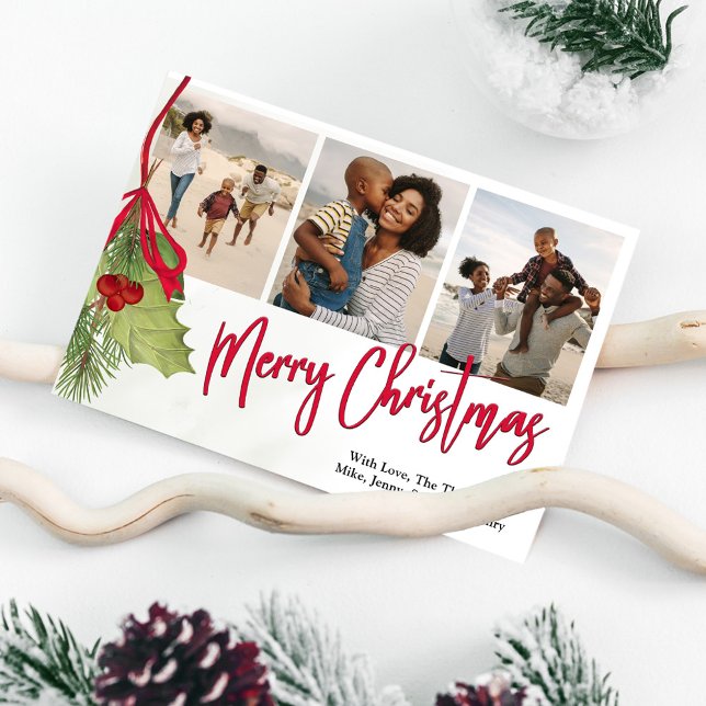 Christmas Multi Photo Winter Greenery Holly Holiday Card (Merry Christmas holiday photo card with a calligraphy script and Holly Greenery design. )