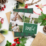 Christmas multi three photo modern joyful holiday card<br><div class="desc">Joyful multi photo script text and tartan family holiday card. Tartan color can be changed to suit your style. Part of a collection.</div>