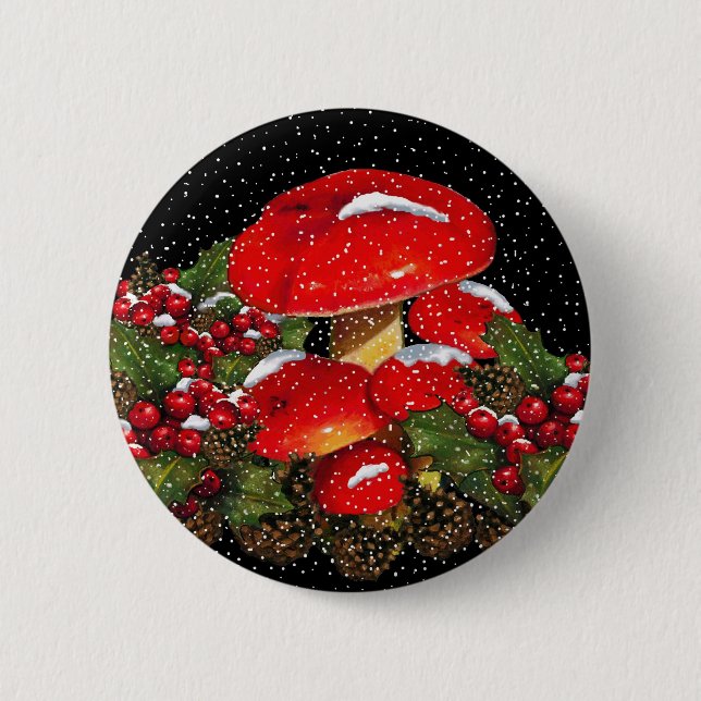 Christmas Mushroom, Toadstools, Snow, Holly 6 Cm Round Badge (Front)