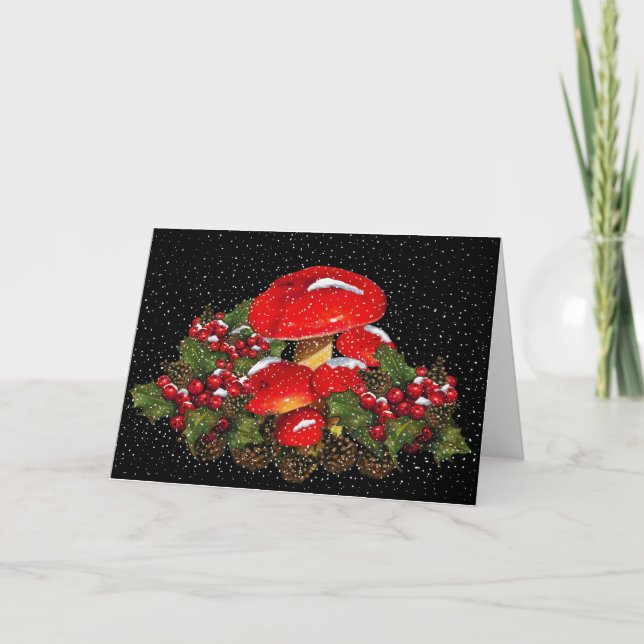 Christmas Mushroom, Toadstools, Snow, Holly Holiday Card (Front)