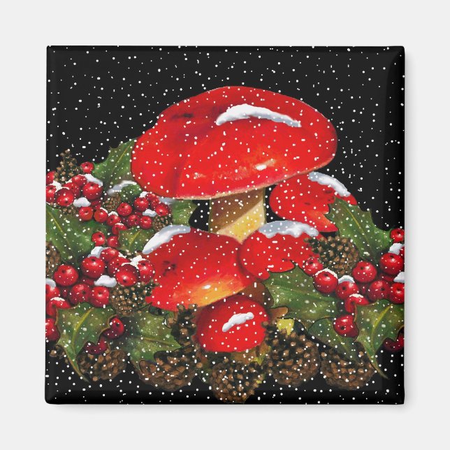 Christmas Mushroom, Toadstools, Snow, Holly Magnet (Front)