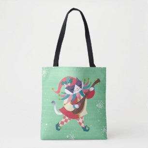 Christmas Music Elf Cat Green Tote Bag
