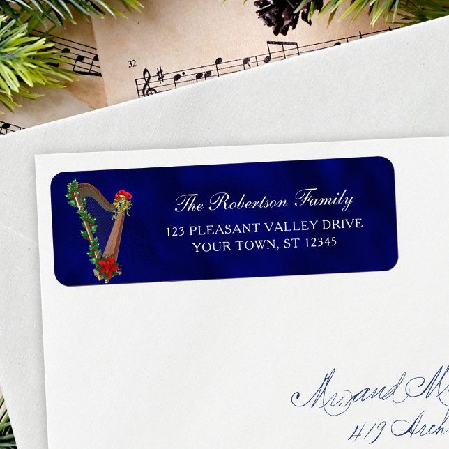 Christmas Music Harp Navy Blue Return Address (Creator Uploaded)