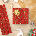 Christmas Music Notes Red Metallic Holiday Wrapping Paper<br><div class="desc">A pattern of gold music notes and clefs decorated for Christmas with greenery and holly,  stands out against the simulated red metallic background.</div>
