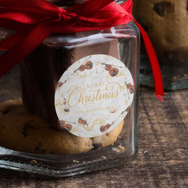 Christmas Music Notes Violin Elegant  Classic Round Sticker (Creator Uploaded)