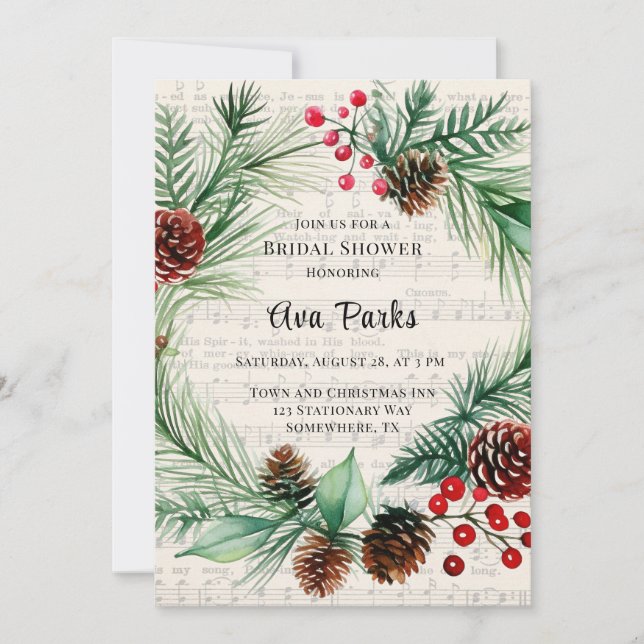 Christmas Music Red Berry Wreath Bridal Shower Invitation (Front)