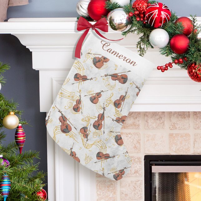 Christmas Music Violins Gold Musical Notes Name Small Christmas Stocking (Creator Uploaded)