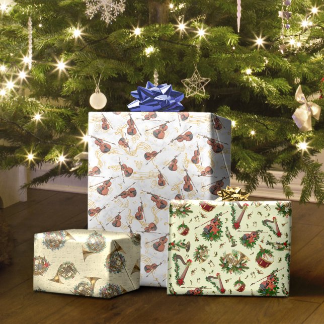 Christmas Musical Instruments Violin French Horn Wrapping Paper Sheet (Creator Uploaded)