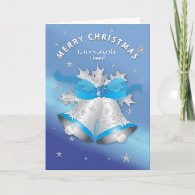 Christmas My Friend Silver and Blue Bells Car Card (Front)
