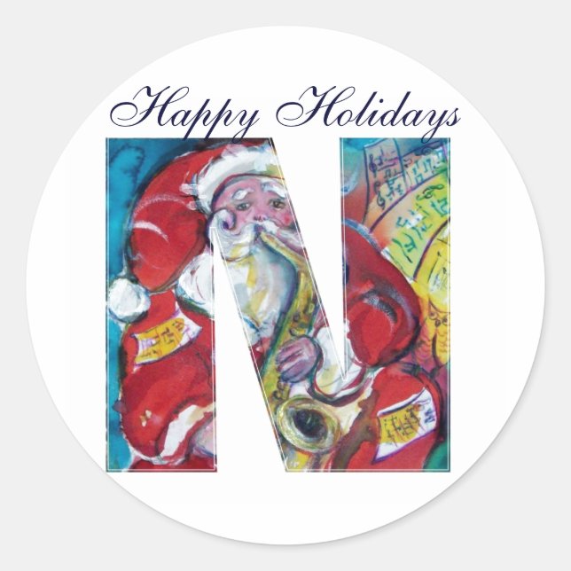 CHRISTMAS N LETTER / INSPIRED SANTA MONOGRAM CLASSIC ROUND STICKER (Front)