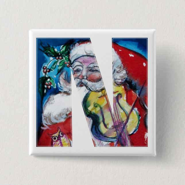 CHRISTMAS N LETTER / SANTA  WITH VIOLIN MONOGRAM 15 CM SQUARE BADGE (Front)