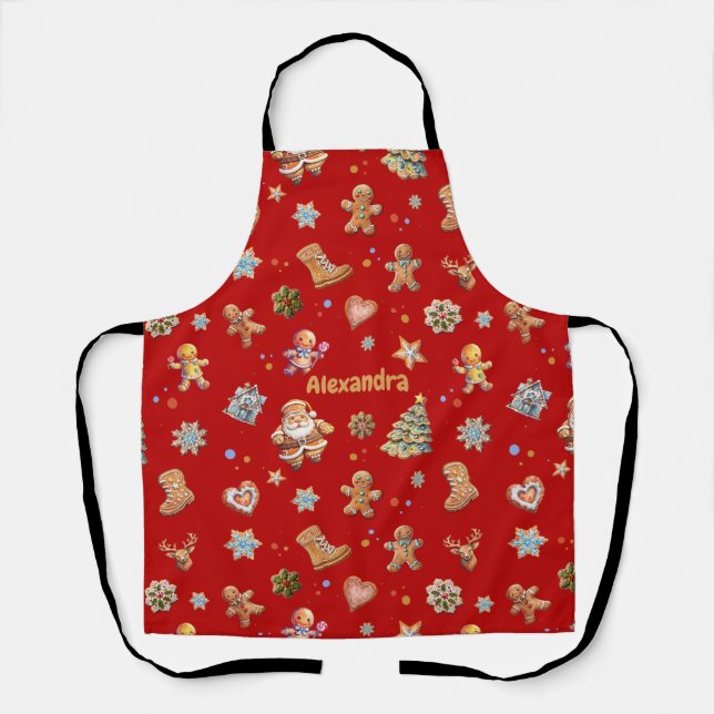 Christmas Name Custom Fun Cute Gingerbread Red Apron (Front)