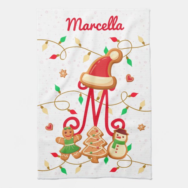 Christmas Name Monogram Custom Gingerbread Red Tea Towel (Vertical)