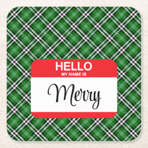 Christmas Name Tag MERRY Green Plaid Red Fun Square Paper Coaster