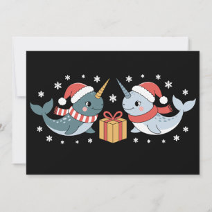 Christmas Narwhal Santa Hat Scarf Snowflakes Xmas Invitation