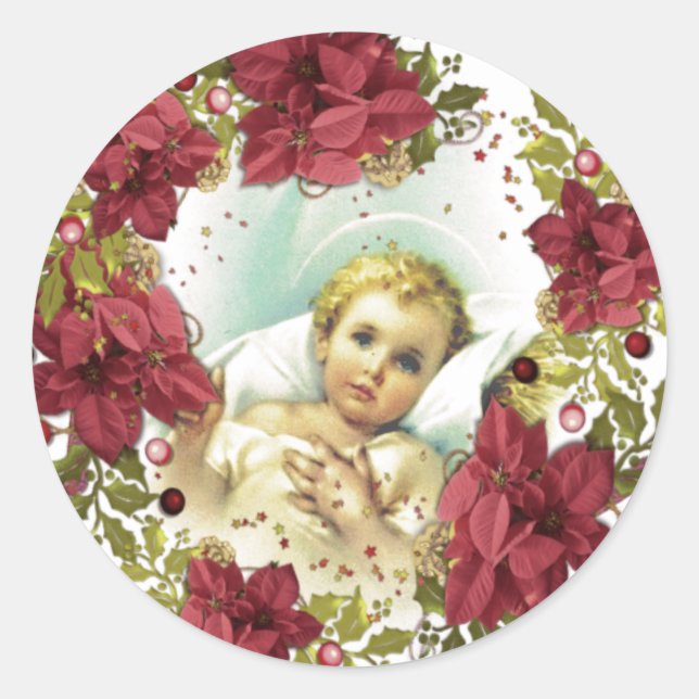 Christmas Nativity Baby Jesus Floral Religious Classic Round Sticker (Front)