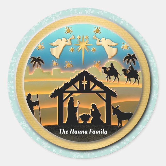 Christmas Nativity Baby Jesus in Manger Scene Classic Round Sticker (Front)
