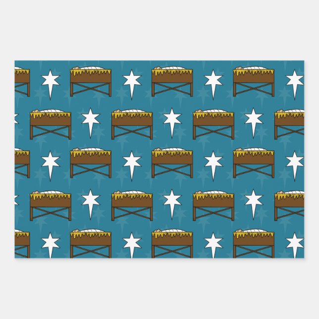 Christmas Nativity Baby Jesus Manger Pattern Wrapping Paper Sheet (Front)