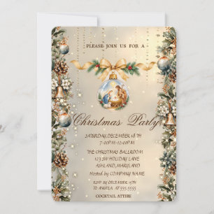 Christmas Nativity Balls,Bells,Pinecones Gold Invitation