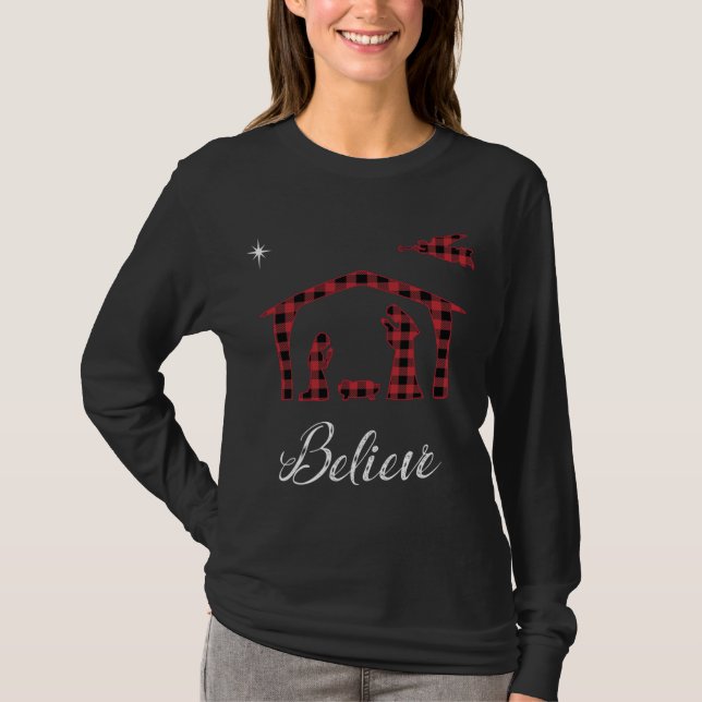 Christmas Nativity Believe Jesus Birth Buffalo Pla T-Shirt (Front)