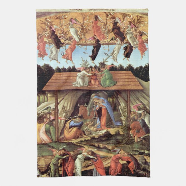 Christmas Nativity, Birth of Christ by Botticelli Tea Towel (Vertical)