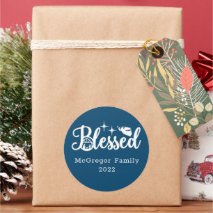 Christmas Nativity Blessed Blue & White Classic Round Sticker