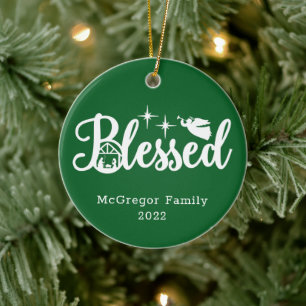 Christmas Nativity Blessed Green & White Ceramic Tree Decoration