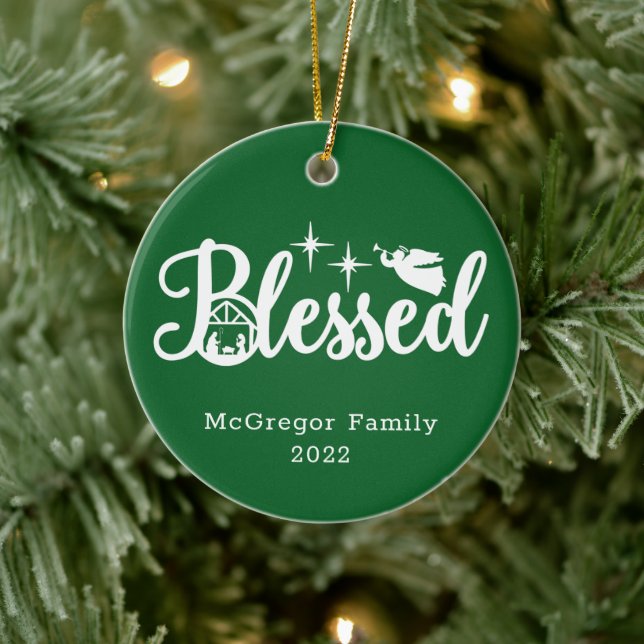 Christmas Nativity Blessed Green & White Ceramic Tree Decoration (Tree)