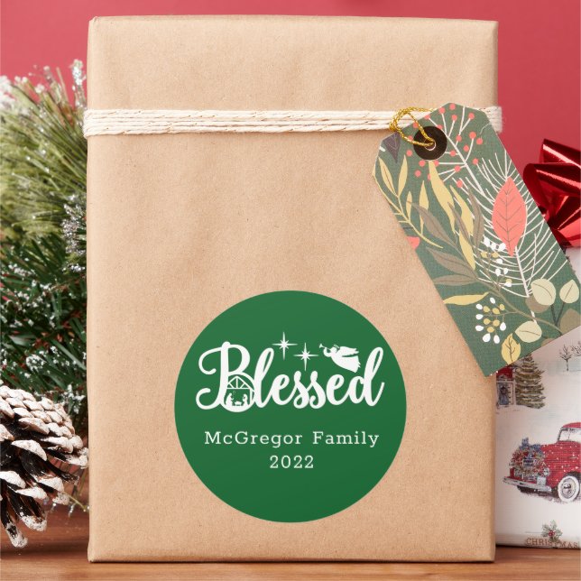 Christmas Nativity Blessed Green & White Classic Round Sticker (Holiday)