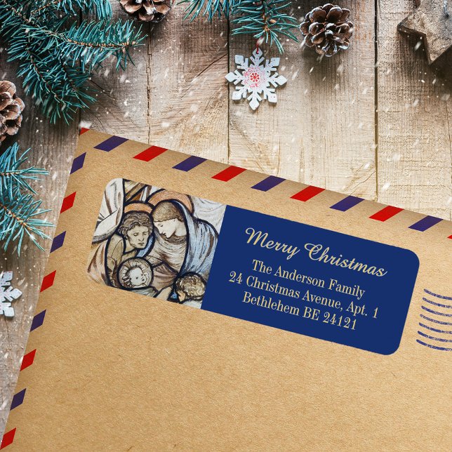 Christmas Nativity Christian Catholic Blue Modern (Christmas Nativity Scene Religious Christian Catholic Elegant Blue Modern Return Address Label)