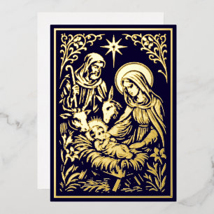 Christmas Nativity in Retro Art Nouveau Woodcut