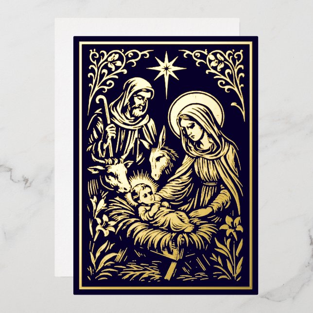 Christmas Nativity in Retro Art Nouveau Woodcut (Front/Back)