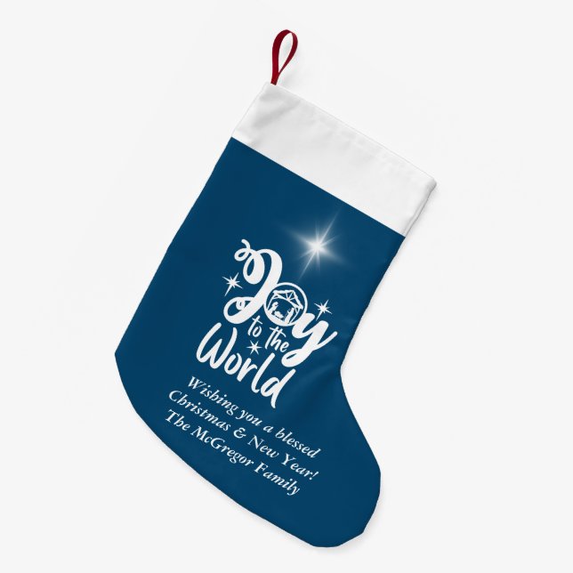 Christmas Nativity Joy to the World Blue & White C Small Christmas Stocking (Front (Hanging))