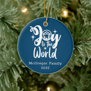 Christmas Nativity Joy to the World Blue & White Ceramic Tree Decoration