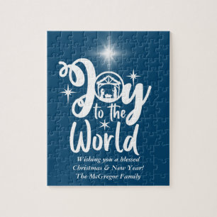 Christmas Nativity Joy to the World Blue & White J Jigsaw Puzzle