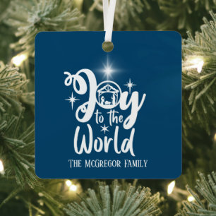 Christmas Nativity Joy To The World Blue & White Metal Tree Decoration
