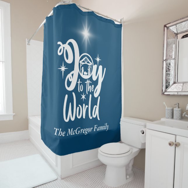 Christmas Nativity Joy to the World Blue & White Shower Curtain (In Situ)