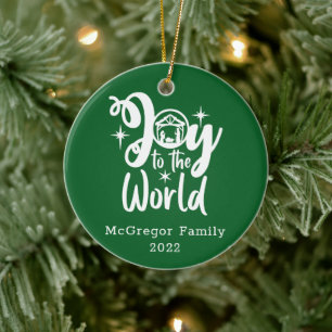 Christmas Nativity Joy to the World Green & White Ceramic Tree Decoration