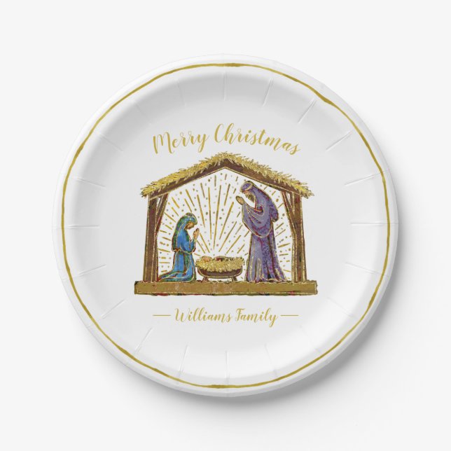 Christmas Nativity Manger Gold Typography Paper Plate (Front)