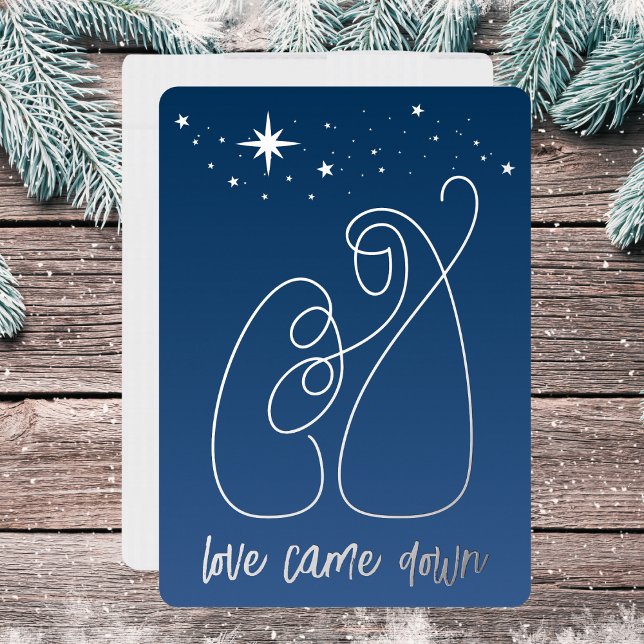  Christmas Nativity Modern Minimal Line Art Blue (Holy Family line art under a starry night.)