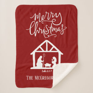 Christmas Nativity Red Family Name Sherpa Blanket