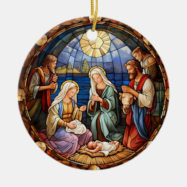 Christmas Nativity Stained Glass Ceramic Tree Decoration (Front)