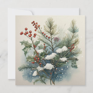 Christmas Nature Bouquet with Holly Berry Holiday Card