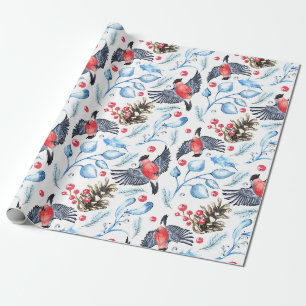 Christmas Nature Pattern with Birds and Berries Wrapping Paper