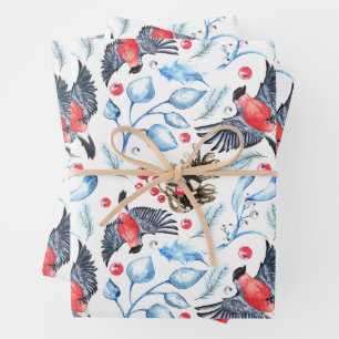 Christmas Nature Pattern with Birds and Berries  Wrapping Paper Sheet