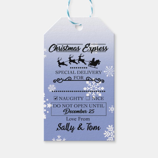 Christmas "Naughty" Gift Tag Blue With Snow Flakes (Front)
