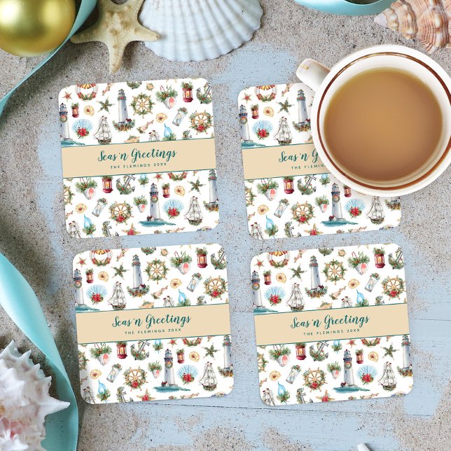 Christmas Nautical Seas’n Greetings Personalised  Square Paper Coaster (Creator Uploaded)